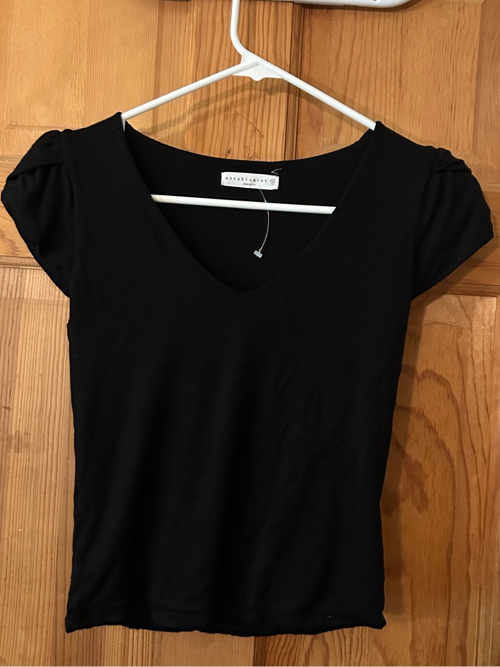Ann Taylor Black V-Neck Short Sleeve Top with Gathered Shoulders